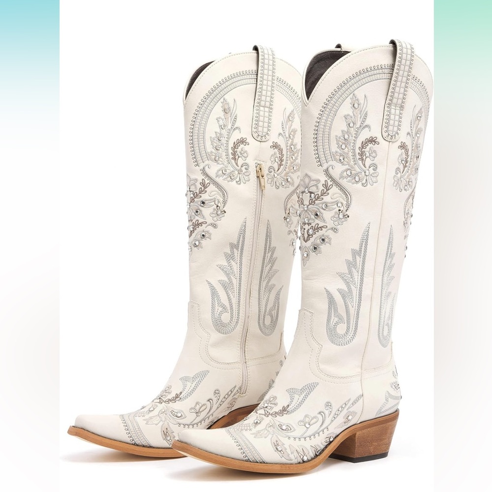 sparkling rhinestones embroidery boots wooden heel